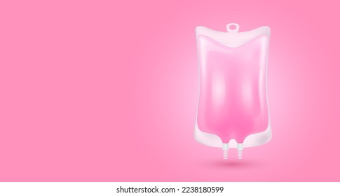 Plastic saline bag pink isolated realistic. 3D vector. IV drip vitamins collagen intravenous. For medical advertising and skin care beauty. With copy space for text. 