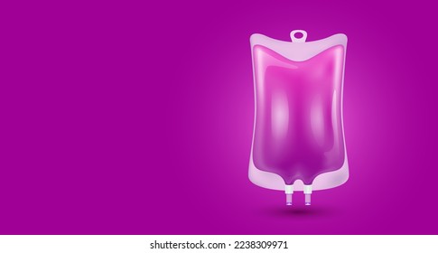 Plastic saline bag purple isolated realistic. 3D vector. IV drip vitamins collagen intravenous. For medical advertising and skin care beauty. With copy space for text. 