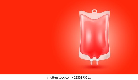 Plastic saline bag red isolated realistic. 3D vector. IV drip vitamins collagen intravenous. For medical advertising and skin care beauty. With copy space for text. 