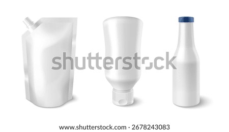 Plastic sauce package mockups set isolated on white background. Vector realistic illustration of pouch and bottle templates with caps and blank space for branding, food packaging, soap doypack