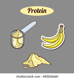 Plastic scoop with banana protein powder on gray background. Sport nutrition. Vector illustration.