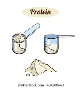 Plastic scoops with protein powder on white background. Sport nutrition. Vector illustration.