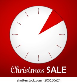 Plastic shadowed clock with text Christmas sale on the red background. Vector illustration.