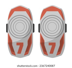 Plastic shields with number seven to protect legs of players, athletes sportsmen while playing American football, rugby. Safety on field during training or competitions. Vector in flat style