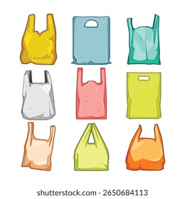 plástico saco de compras conjunto de desenho animado. resíduos de poluição, reciclagem descartável, sinal de saco de compras de plástico sustentável ecofriendly.