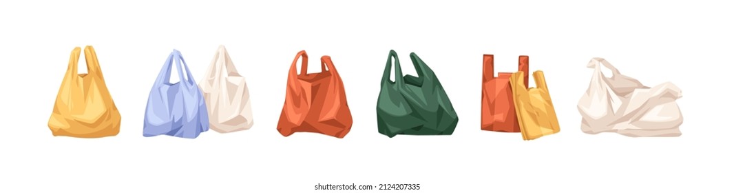 Plastic shopping bags set. Empty disposable packages for supermarket and garbage. Used and new polythene packs, packets for purchases. Realistic flat vector illustrations isolated on white background