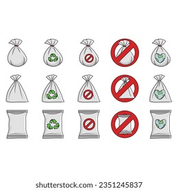 Plastic shopping bags set. Empty disposable packages for supermarket and garbage. Used and new polythene packs, packets for purchases. Realistic flat vector illustrations isolated on white background