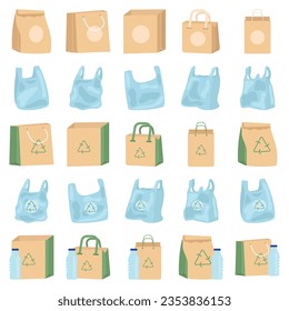 Plastic shopping bags set. Empty disposable packages for supermarket and garbage. Used and new polythene packs, packets for purchases. Realistic flat vector illustrations isolated on white background
