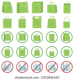 Plastic shopping bags set. Empty disposable packages for supermarket and garbage. Used and new polythene packs, packets for purchases. Realistic flat vector illustrations isolated on white background