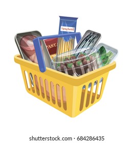 Plastic shopping basket with food on white background. Color vector illustration