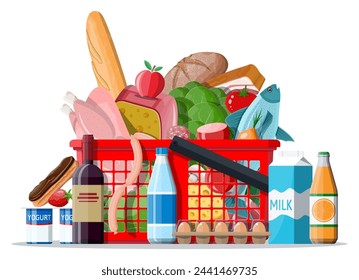 Plastic shopping basket with fresh products. Grocery store supermarket. Food and drinks. Milk, vegetables, meat, chicken cheese, sausages, salad, bread cereal steak egg. Vector illustration flat style