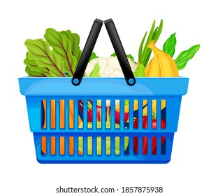 Plastic Shopping Basket Full of Food and Products from Grocery Market Vector Illustration