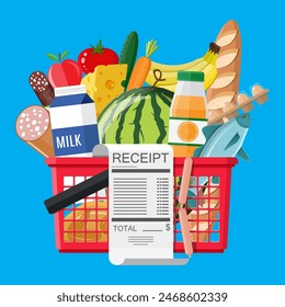 Plastic shopping basket full of groceries products and receipt. Grocery store. Supermarket. Fresh organic food and drinks. Vector illustration in flat style