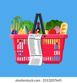 Cesta de compras de plástico llena de productos de alimentación y Comprobante. Tienda de comestibles. Supermercado. Alimentos y bebidas orgánicas frescas. Ilustración vectorial en estilo plano