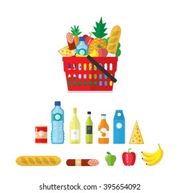 Plastic Shopping Basket Full Grocery Products Stock Vector (Royalty ...