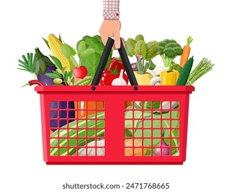 Plastic shopping basket full of vegetables in hand. Farming fresh food, organic agriculture products. Onion, cabbage, pepper, pumpkin, cucumber, tomato other vegetables. Vector illustration flat style