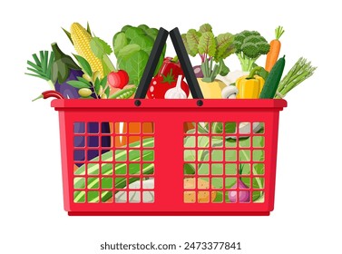 Cesta de la compra de plástico llena de verduras. Agricultura de alimentos frescos, productos de agricultura orgánica. Cebolla, col, pimienta, calabaza, pepino, tomate y otras verduras. estilo plano de Ilustración vectorial