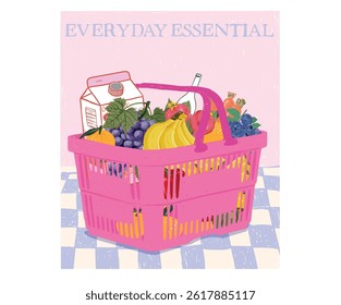 Plastic shopping basket graphic design. Many fruit in basket. Modern art design.