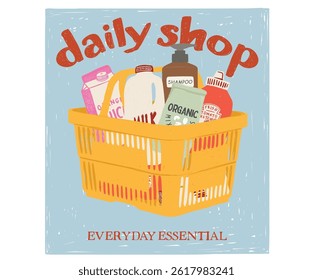 Plastic shopping basket graphic design. Daily essential shop artwork.  Modern art design.