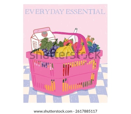 Plastic shopping basket graphic design. Many fruit in basket. Modern art design.