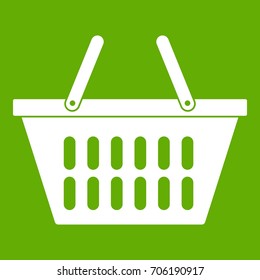 Plastic shopping basket icon white isolated on green background. Vector illustration