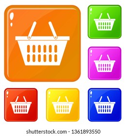 Plastic shopping basket icons set collection vector 6 color isolated on white background