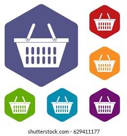 Plastic shopping basket icons set hexagon isolated vector illustration