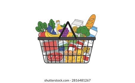 Plastic shopping basket packed with a variety of fresh produce, meat, dairy, and essential grocery staples.