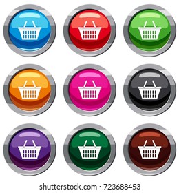 Plastic shopping basket set icon isolated on white. 9 icon collection vector illustration
