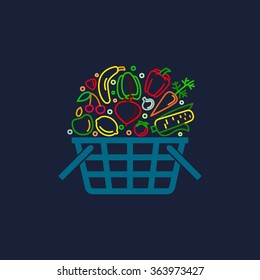 Plastic shopping basket with variety of grocery products in linear style. Vector design elements, logo, icon, labels, badget. Vector illustration.