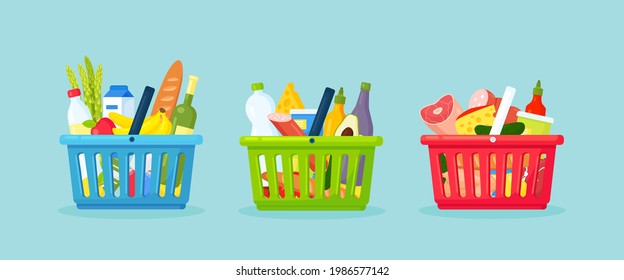 Plastic shopping baskets for supermarket. Shopping basket full of grocery products, fresh healthy food, drink. Vector illustration