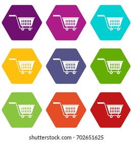 Plastic shopping trolley icon set many color hexahedron isolated on white vector illustration
