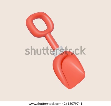 Plastic shovel for sand play in red color. 3D icon isolated on beige background. Summer beach toy for child activity and outdoor fun concept.