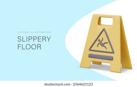 Plastic sign warning of slippery floor. Sign with falling man. Bright item for fencing wet area. Inventory for cleaning service in realistic vector style