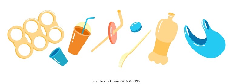 Plastic simple items for recycle. Food and household plastic packaging. Single-use objects after birthday or picnic on street. Reuse fork, package, bottle, rings for cans. Vector isolated illustration