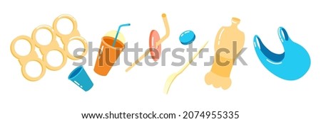 Plastic simple items for recycle. Food and household plastic packaging. Single-use objects after birthday or picnic on street. Reuse fork, package, bottle, rings for cans. Vector isolated illustration Foto stock © 