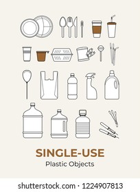 Plastic single-use objects. Vector illustration set of recycling plastic items. Food and household plastic packaging flat logo for ecological poster, postcard, banner, pollution environment concept.