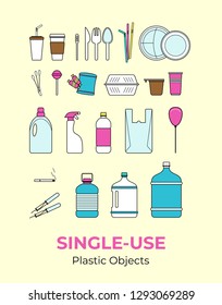 Plastic single-use objects. Vector illustration set of recycling plastic items. Food and household plastic packaging flat logo for ecological poster, postcard, banner, pollution environment concept.