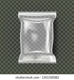 Plastic Snack Packaging Vector. Transparent Pillow Bag Wrap. Empty Product Polyethylene Mock Up Template. Nylon Doy Pack Branding Design Package Illustration