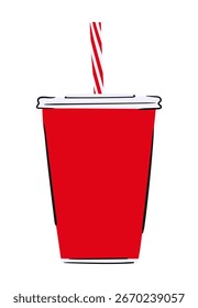 Taza de refresco de plástico con paja en estilo dibujado a mano. Ilustración vectorial aislada sobre fondo blanco