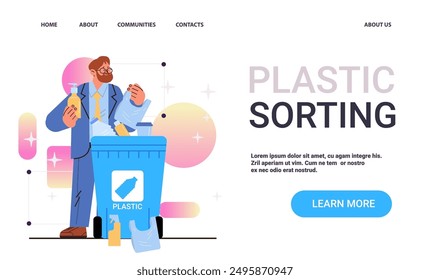 Plastic sorting concept man sorting plastic waste colorful background website design banner