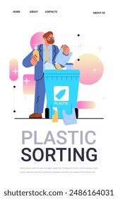 Clasificador de plástico hombre reciclaje de residuos concepto de gestión de cubo azul varios artículos de plástico colorido abstracto fondo Sitio web diseño