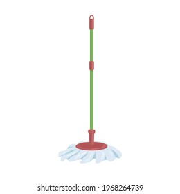 Plastic spin mop with handle stick and round brush for floor cleaning. Domestic manual supply for housework. Colored flat vector illustration of swab isolated on white background