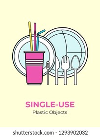 Plastic spoon, fork, knife, stirrer, straws, plates, cup. Single-use white plastic cutlery vector illustration set. Food plastic cutlery flat logo for ecological poster, pollution environment concept.