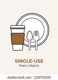 Plastic Spoon, Fork, Plate, Paper Cup With Plastic Lid. Single-use White Plastic Cutlery Vector Illustration Set. Food Plastic Cutlery Flat Logo For Ecological Poster, Pollution Environment Concept.