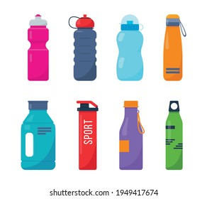 Plastic sports bottles set. Bright drink bottles for fitness, protein shakers. Vector icons illustrations isolated on a white background.