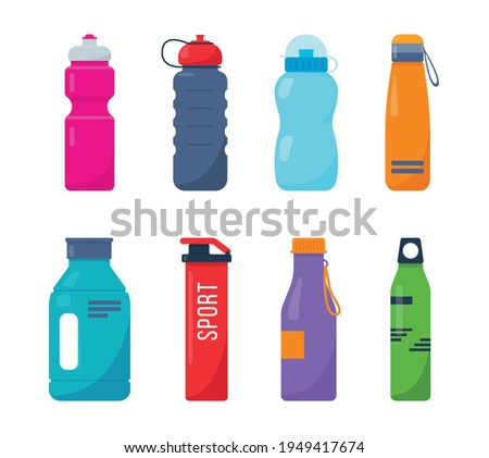 Plastic sports bottles set. Bright drink bottles for fitness, protein shakers. Vector icons illustrations isolated on a white background.