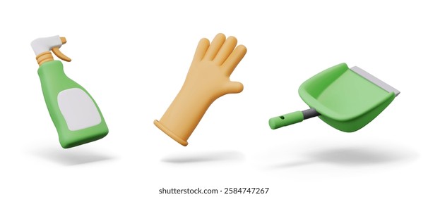 Plastic spray bottle with blank label, rubber glove, scoop. Isolated models for online cleaning concepts in 3D cartoon style. Cute icons on white background