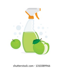Plastic spray bottle with cleaning liquid and green apples.
Cleanness concept.