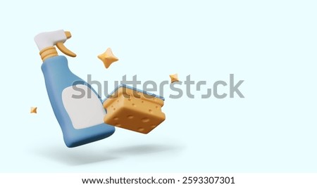 Plastic spray bottle with empty label, sponge with surfaces of different hardness, decorative stars. Vector advertising composition on blue background. Detergent mockup